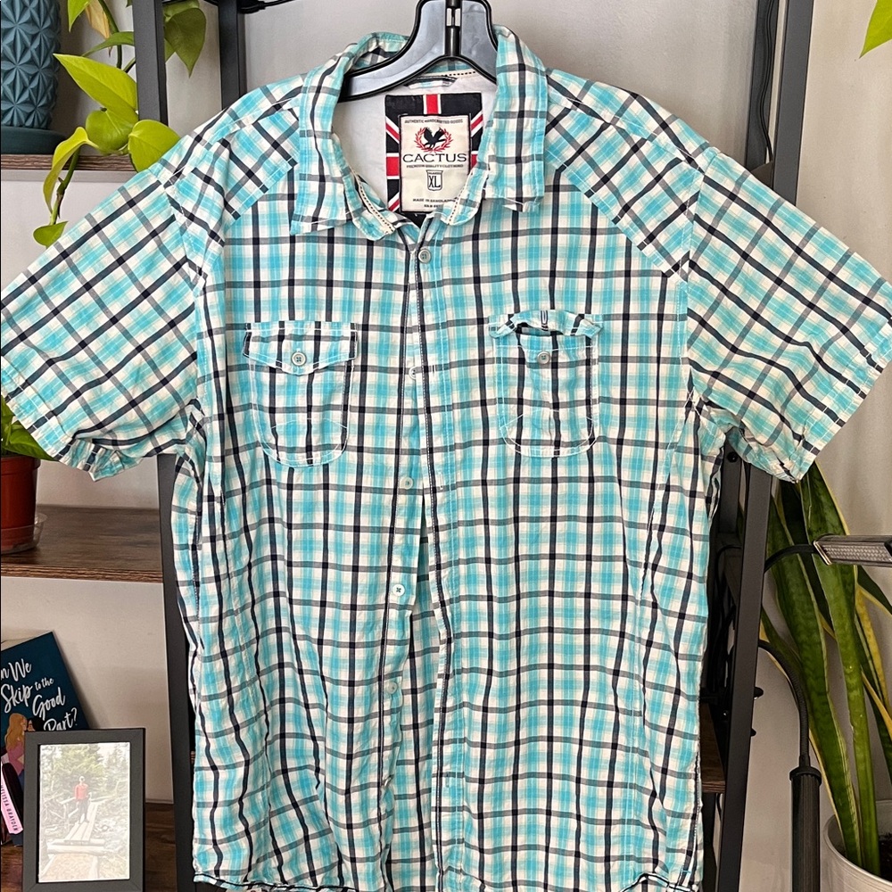 Cactus Men's Turquoise Plaid Button Down Shirt
